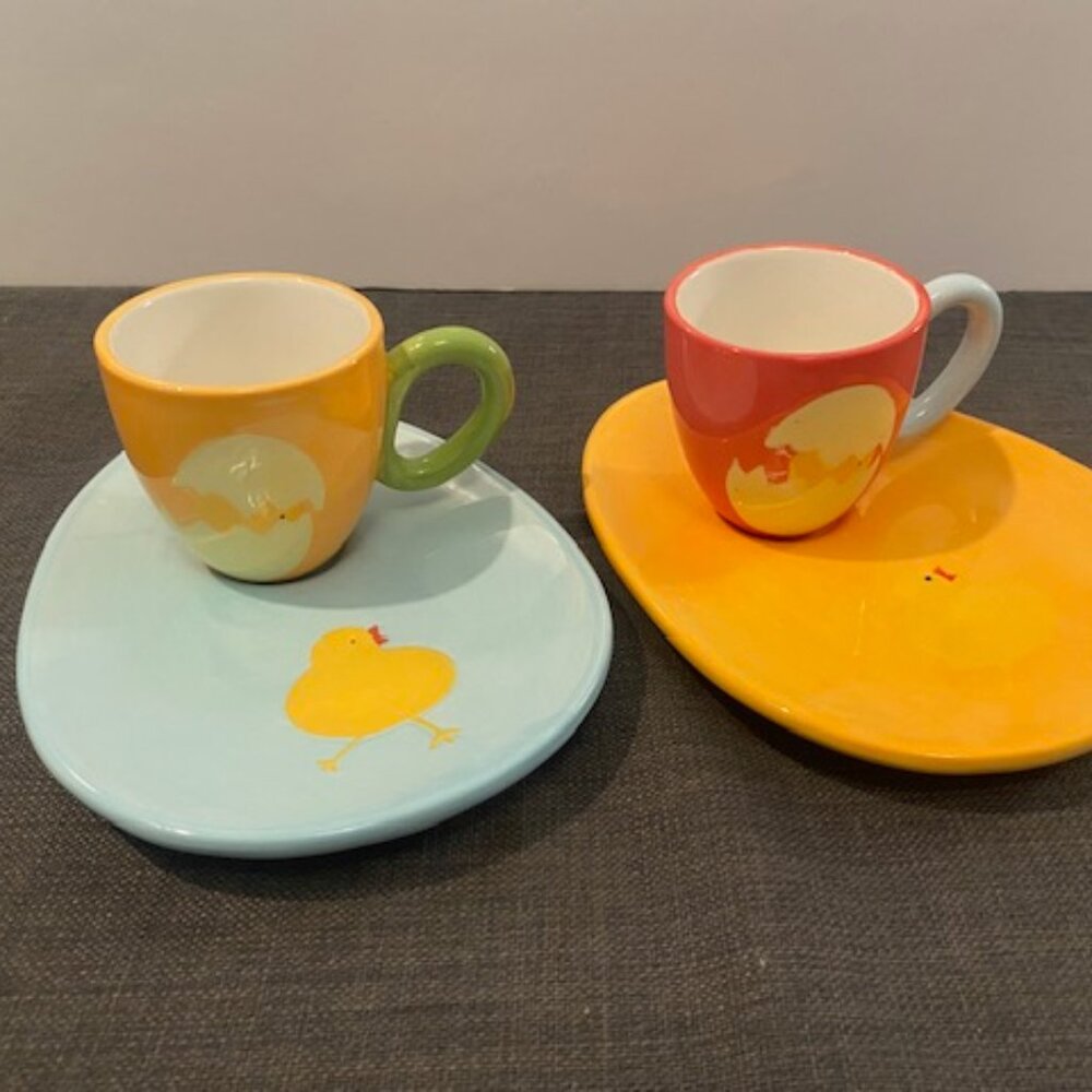 Easter 2 Chick and Egg plates with 2 Cups Kids Cute. Breakfast. Boston Warehouse